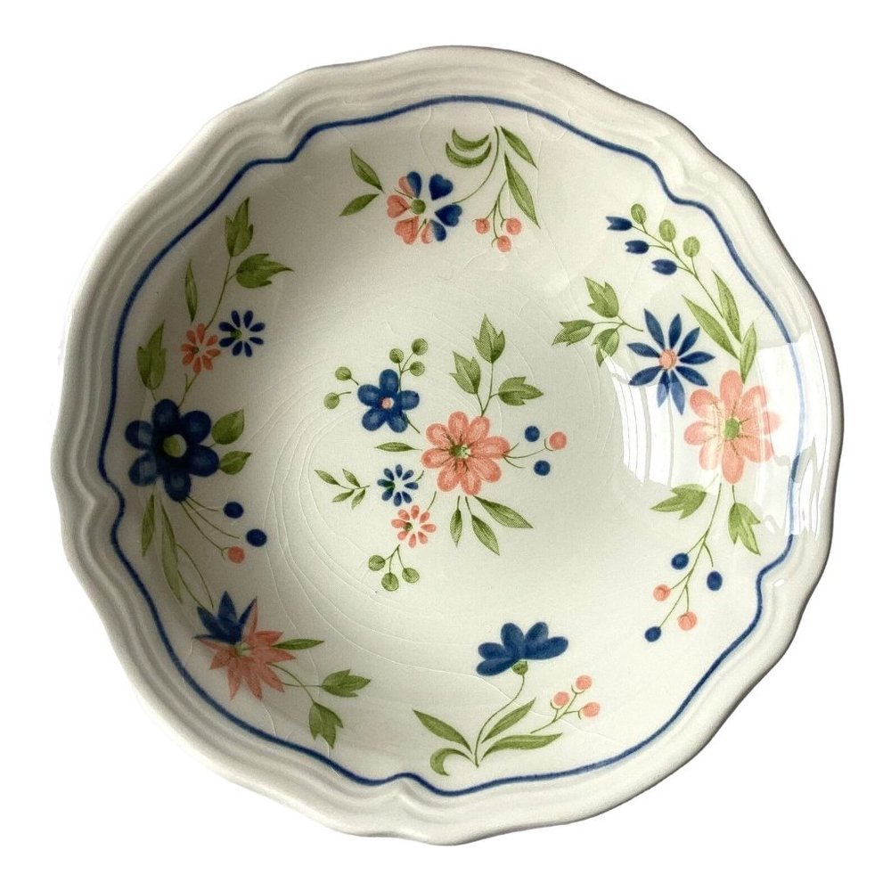 Vintage Country French Soup or Cereal Bowls Ironstone Floral Japan 80s Set 8 Sea